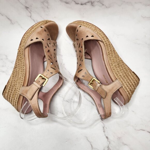 Taryn Rose Tan Leather Espadrille Wedges Sandals Laser Cut W/ Dust Bag 7.5 - Picture 6 of 9